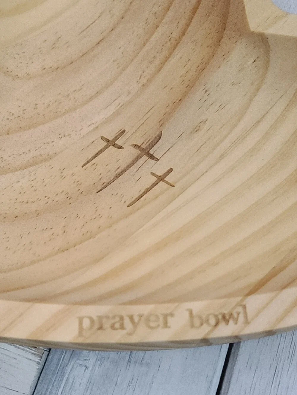 Wooden Heart Prayer Bowl - Natural Carved Wood With 3 Crosses & Prayer Cards NWT
